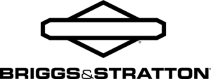 Logo for Briggs and Stratton which is a long, narrow horizontal rectangle in black with a same-colored, slightly narrower triangle of equal height, centered and sharing its bottom side with the top of the rectangle. There is a mirror-imaged triangle sharing the bottom side of the rectangle. Below this icon are the words "Briggs & Stratton" the same color as the icon in the logo