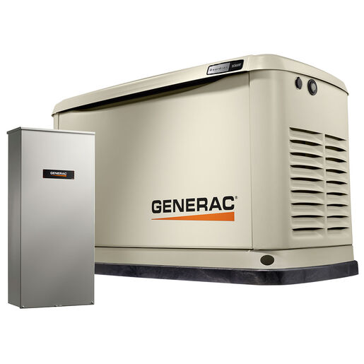 a photo of a generac residential generator which is a rectangular chassis with rounded edges and a light tan color. The top panel is a lid that slightly overlaps all side panels. The right side has two columns of vent slits, where each column covers about a third of the width of the panel, and is placed vertically about a quarter of the way down from the lid. The front panel has the generac logo at the bottom right and is about 40% as wide as the front panel. The photo shows a transfer switch in front of the generator to the far left of the image. It is a gray box shaped object that is nearly as tall as the generator, slightly less than half as wide as it is tall, and only about a third as deep as it is wide.