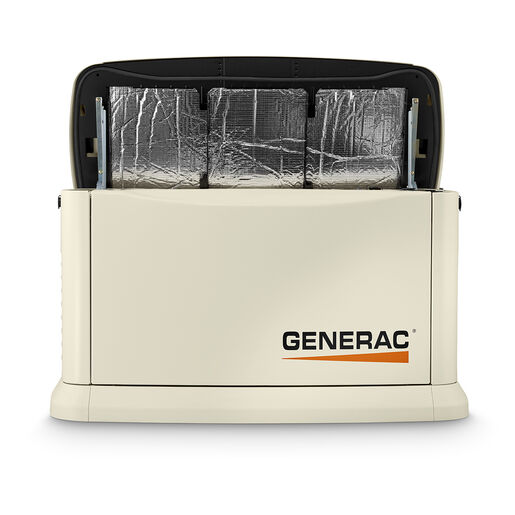 A photo of a generac residential generator from the front view. It shows a light beige bos with a flanged bottom where the flange is angled outward like baseboard moulding. The lid of the bos is open; the lid being as deep as the box and hinged along the rear top edge from the viewer's perspective. the interior of the lid has a silver, reflective sheeting in three adjacent panels with a narrow black frame around each. The generac logo appears at the bottom right of the front panel and takes up about 40% of the width of the panel.