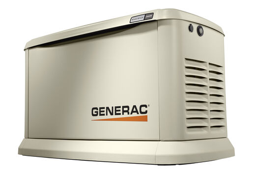 a photo of a generac residential generator which is a rectangular chassis with rounded edges and a light tan color. The top panel is a lid that slightly overlaps all side panels. The right side has two columns of vent slits, where each column covers about a third of the width of the panel, and is placed vertically about a quarter of the way down from the lid. The front panel has the generac logo at the bottom right and is about 40% as wide as the front panel.