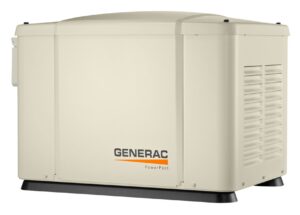 Photo of Generac generator which is a beige colored steel rectangular box-shape with a slightly domed top. The rightmost panel is vented from about a quarter of the way down from the top edge, all the way to the bottom in a double column. The front panel has a slightly raised vertical rectangle that is centered from the two side edges. In the raised portion, the Generac logo appears in the lower right corner, and is about half as wide as the raised portion.