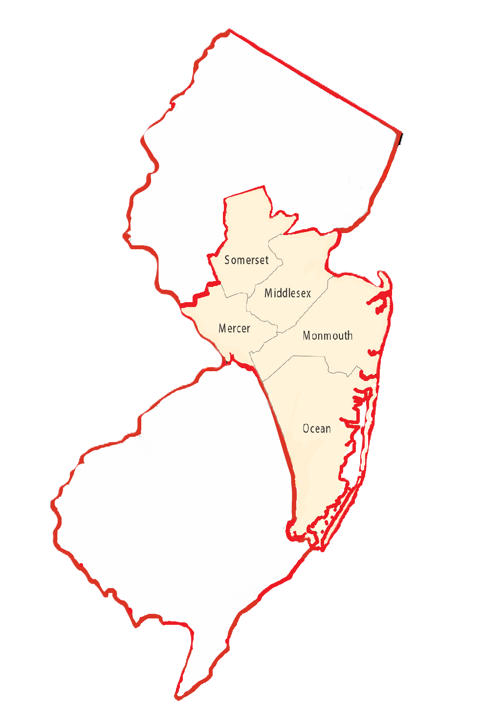 Drawing of the State of New Jersey outlined in red, with Monmouth, Mercer, Ocean, Middlesex and Somerset counties labeled and highlighted in pale orange