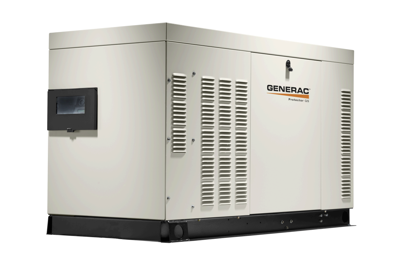 photo of a generac large residential protector series generator. It is a box shape, set at an angle with the left side in the foreground. The left panel has a small black raised rectangle on the side that is about a fifth of the vertical dimension and about a third of the horizontal dimension. Its bottom edge is set at the horizontal midline of this panel. The left edge is not far from the overall chassis edge or corner most in the background. The front panel has a column of vents about a quarter of the way down from the top edge and not far from the vertical edge most in the foreground - in other words, the left edge of the front panel. This column ends slightly lower than the horizontal midline of the front panel, and is about 1/16th as wide as the front panel. There are three columns very close together, separated from the first column by about a column's width of the unvented chassis panel. These three columns are the same distance from the top edge as the first, but end almost at the bottom of the front panel. Another single column of vents the same shape as these three appears in the same vertical position but horizontally all the way to the right edge of the front panel.