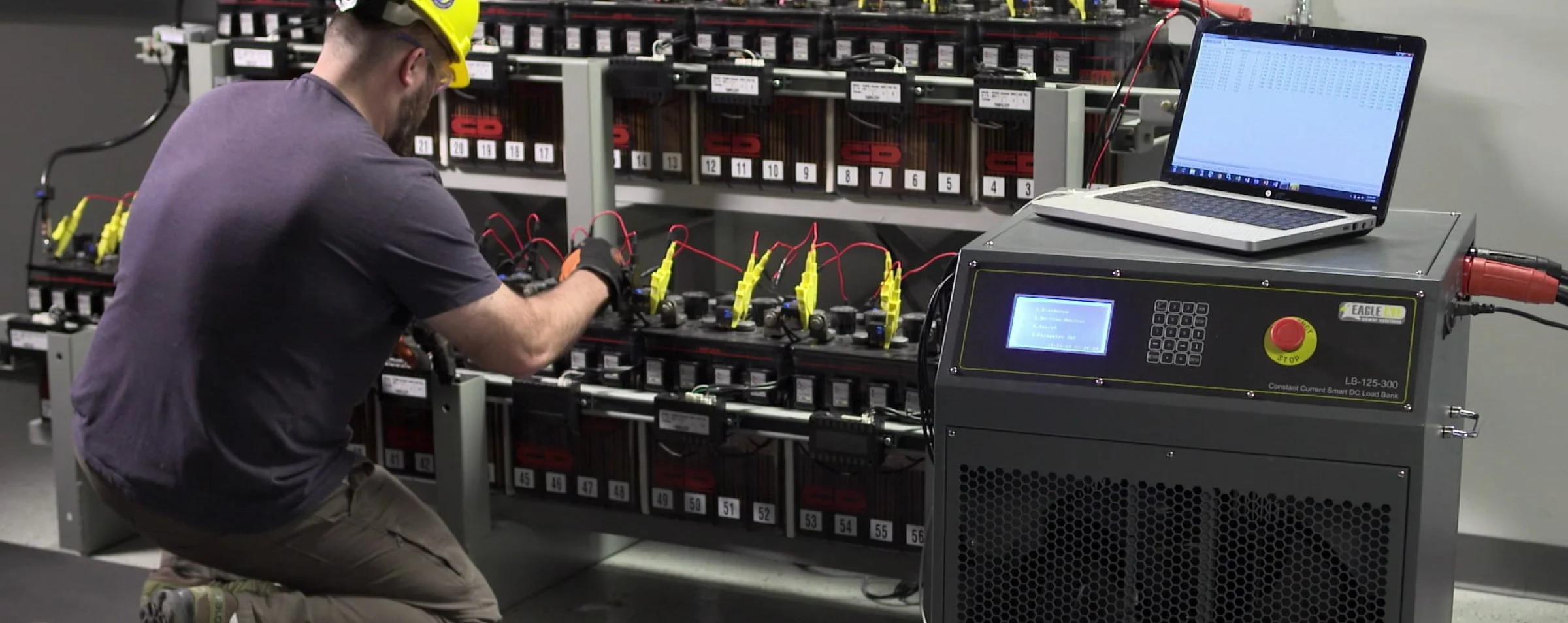 a photo of a person in a yellow hardhat kneeling in front of a bank of electrical loads, applying yellow connectors to them that have red wires attached. To the right of him in the foreground is a large, black cube like device with a small display and a red button - the device has a computer on the top